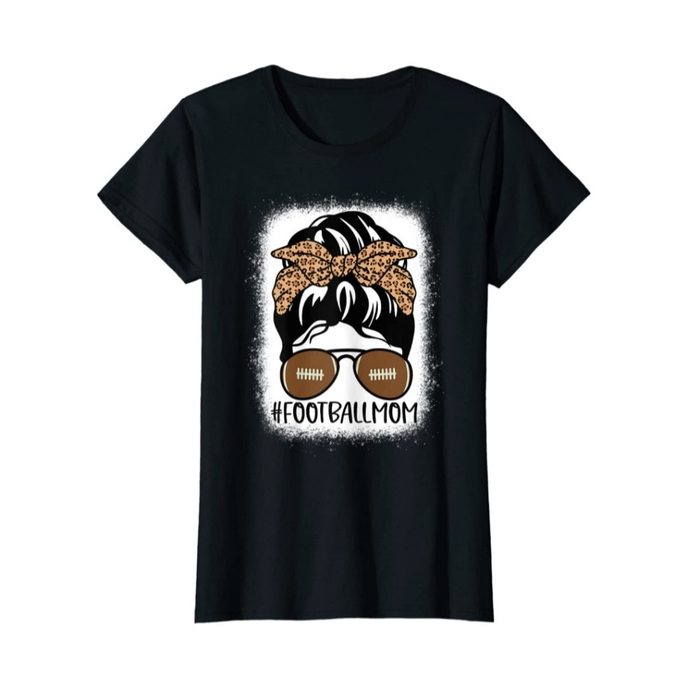Bleached Football Mom Life With Leopard and Messy Bun Player T-Shirt Black